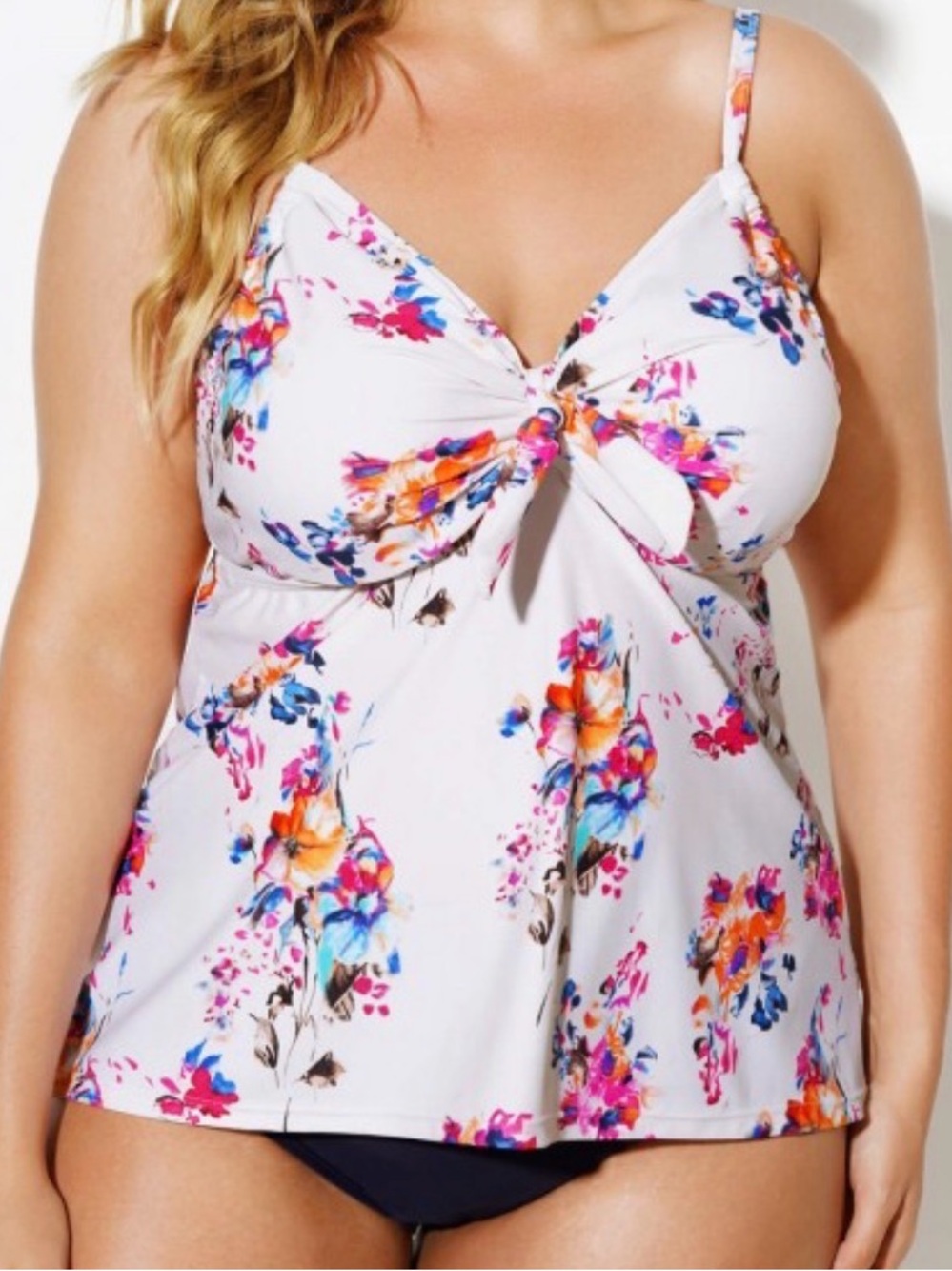 Plus Size White Floral Tie-Front Tankini Top
